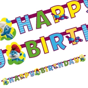 Geburtstagskette: Partykette, „Schlümpfe, Teil 2“, mit Schriftzug „Happy Birthday“ - 1