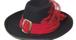 Hut: Musketierhut, schwarz, mit rotem Band und Feder, Kopfweite 59 - 1