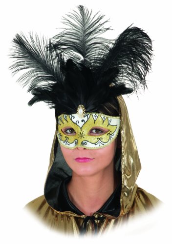 Maske: venezianische Halbmaske mit schwarzen Federn, weiß-gold - 1
