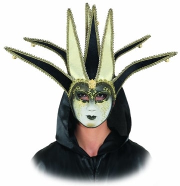 Maske: venezianische Maske, Harlekin, schwarz-gold, mit Glöckchen - 1