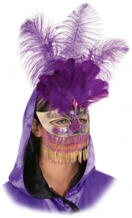 Maske: venezianische Maske, mit Federn und Perlenbehang, silber-schwarz - 1