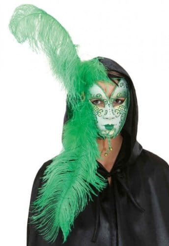 Maske: venezianische Maske mit grünem Federschmuck, weiß - 1